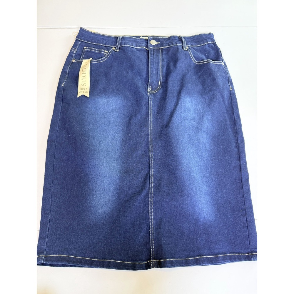 Buzz Jeans Skirt Womens 14 Blue Denim Ramie Cotton Stretch Back Slit Casual